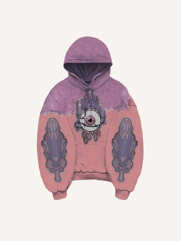 Colorblock Eye Faux Decal Print Slant Pockets Hoodie