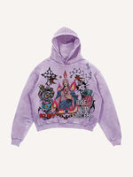 Distressed Washed Mary&Eye&Bomb&Cross&Graphic&Letter Print Slant Pockets Hoodie