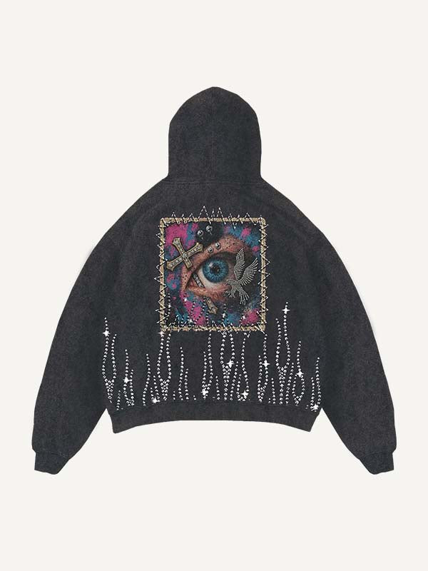 Distressed Washed Eye&Cross&Letter&Graphic Faux Rhinestones Print Slant Pockets Hoodie