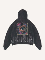 Distressed Washed Eye&Cross&Letter&Graphic Faux Rhinestones Print Slant Pockets Hoodie