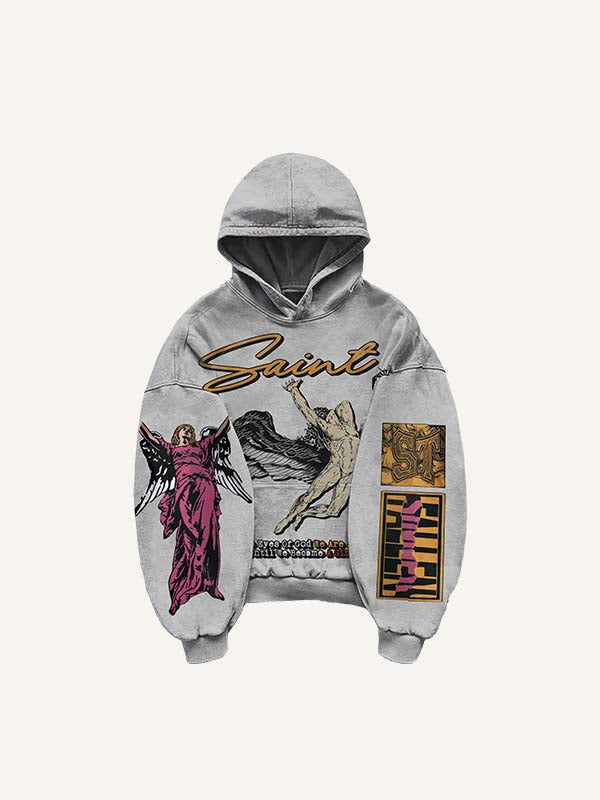 Figure&Wing&Eye&Palm&Graphic&Letter Print Slant Pockets Hoodie