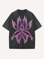 Distressed Washed Eye&Wing Print Round Neck T-shirt