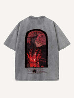 Distressed Washed Figure&Graphic&Fire Print Round Neck T-shirt