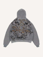 Distressed Washed Dragon Print Slant Pockets Hoodie