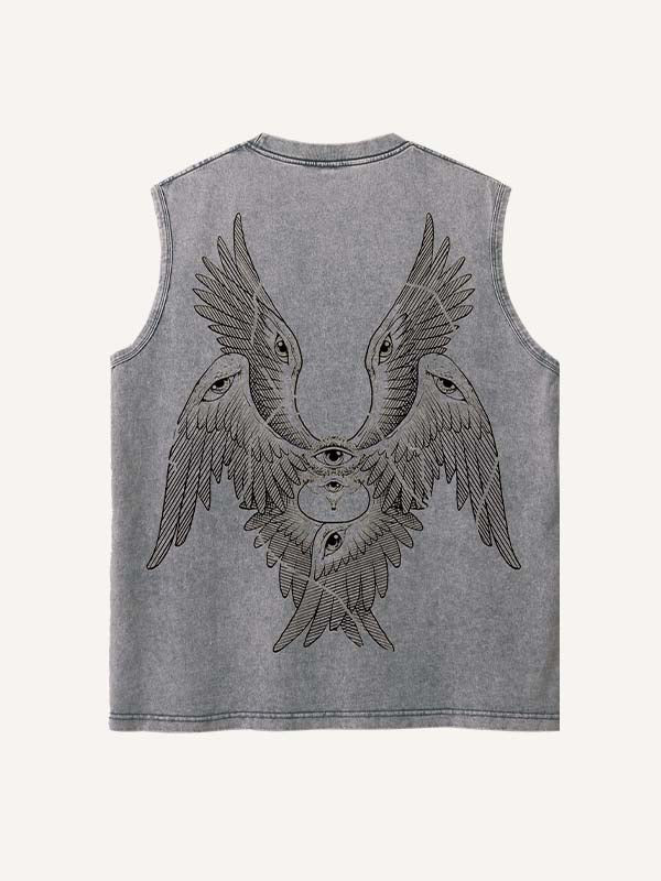 Distressed Washed Wing&Eye&Graphic Print Round Neck Tank