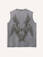 Distressed Washed Wing&Eye&Graphic Print Round Neck Tank