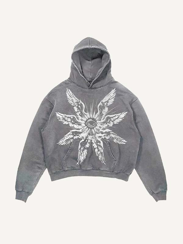 Distressed Washed Eye&Wing Print Slant Pockets Hoodie