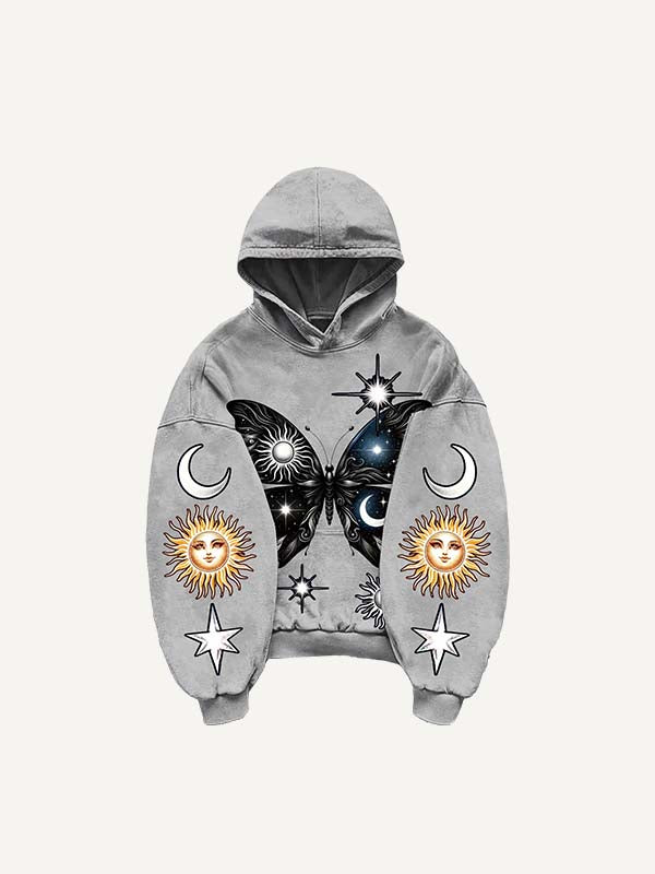 Butterfly&Sun&Moon&Graphic Print Slant Pockets Hoodie