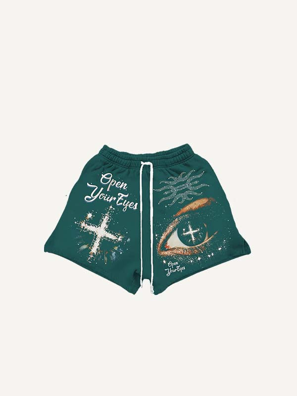 Eye&Fire&Letter Faux Rhinestones Print Drawstring Waist Shorts