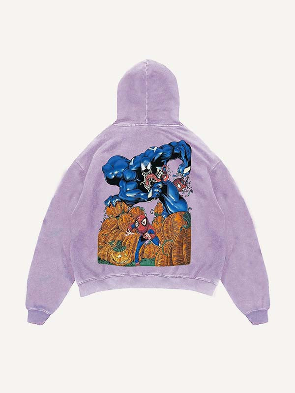 Distressed Washed Venom&Spider-Man&Pumpkin Print Slant Pockets Hoodie
