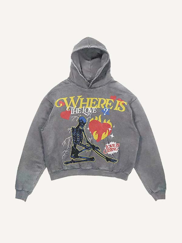 Distressed Washed Skeleton&Letter&Heart Print Slant Pockets Hoodie