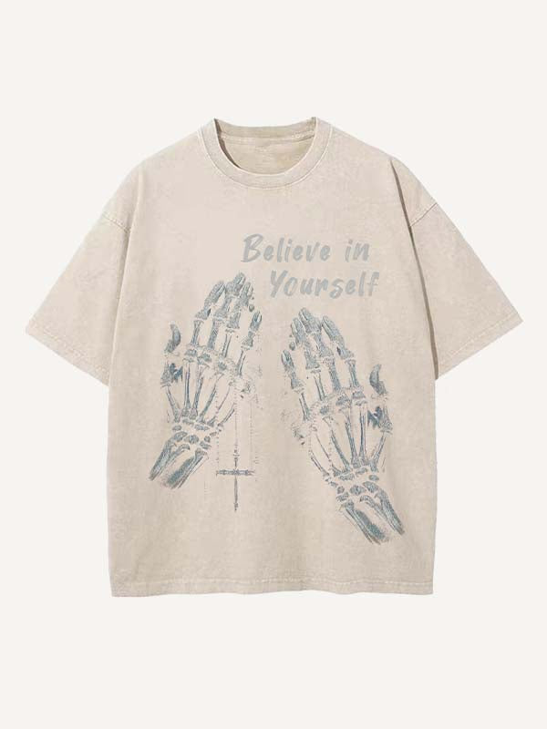 Distressed Washed Palm&Cross Print Round Neck T-shirt