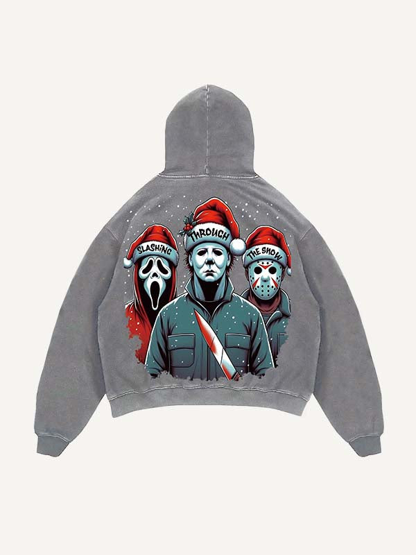 Distressed Washed Christmas Horror Print Slant Pockets Hoodie