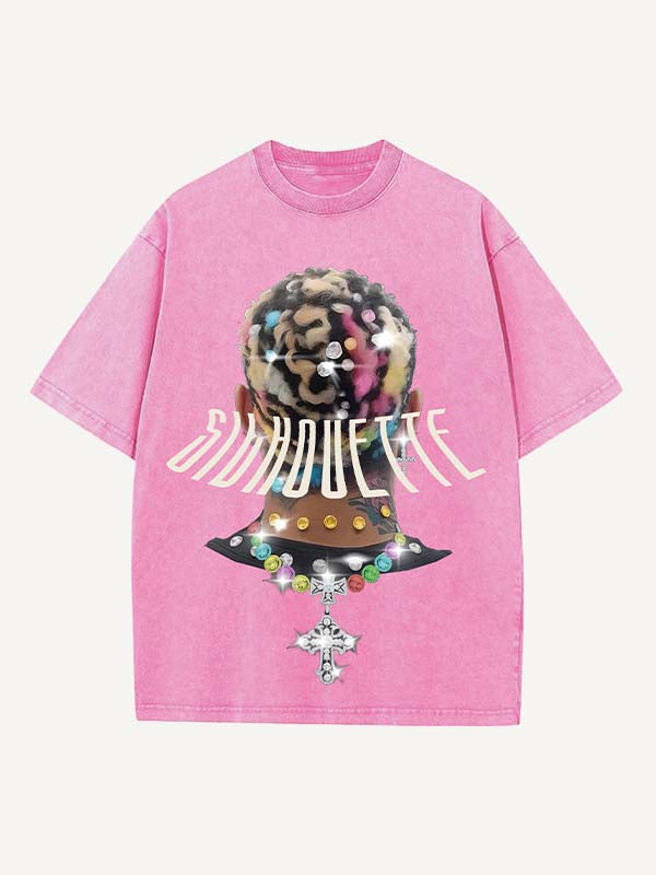 Distressed Washed Figure&Cross Print Round Neck T-shirt