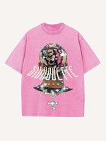 Distressed Washed Figure&Cross Print Round Neck T-shirt