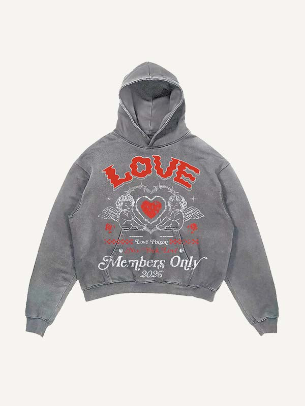Distressed Washed Cupid&Heart&Letter Print Slant Pockets Hoodie