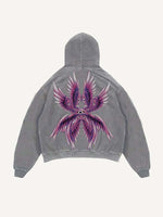 Distressed Washed Eye&Wing Print Slant Pockets Hoodie