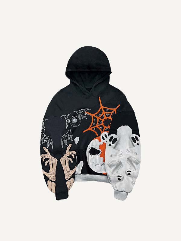 Halloween Colorblock Pumpkin&Ghost&Skeleton&Eyeball&Wing Faux Decal Print Slant Pockets Hoodie