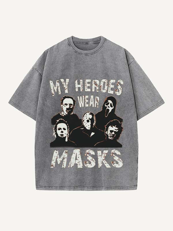 Distressed Washed Halloween Horror Print Round Neck T-shirt