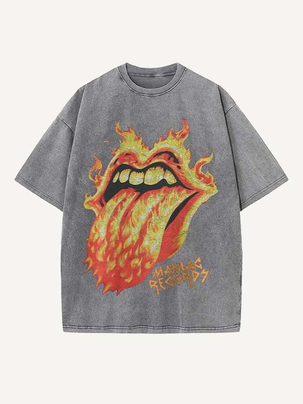 Distressed Washed Fire Tongue Print Round Neck T-shirt