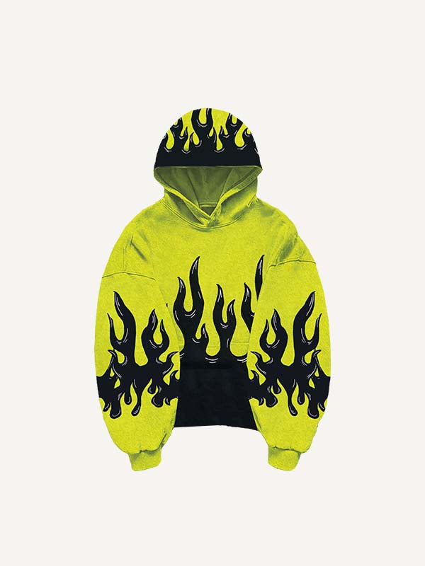 Colorblock Fire Faux Decal Print Slant Pockets Hoodie