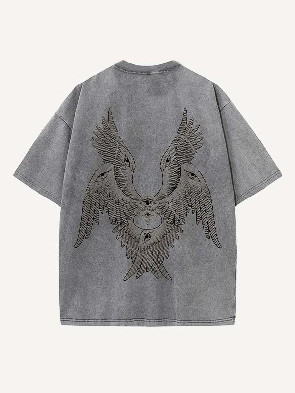Distressed Washed Wing&Eye&Graphic Print Round Neck T-shirt