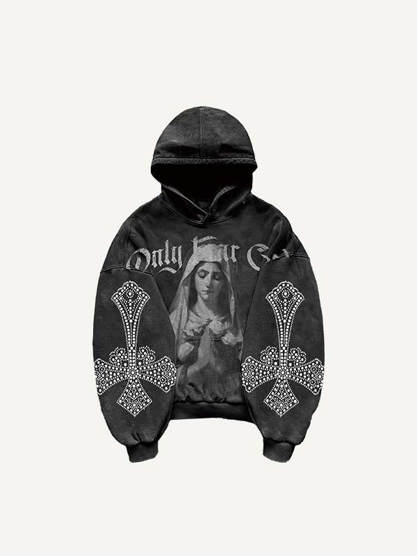 Mary&Pray&Cross&Letter Faux Rhinestones Print Slant Pockets Hoodie