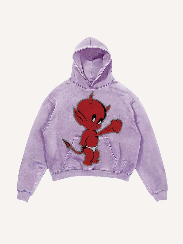 Distressed Washed Little Devil Heartbeat Faux Decal Print Slant Pockets Hoodie