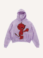 Distressed Washed Little Devil Heartbeat Faux Decal Print Slant Pockets Hoodie