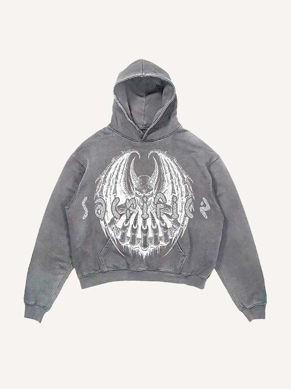 Distressed Washed Demon&Wing&Letter Faux Rhinestones Print Slant Pockets Hoodie