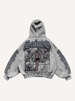 Figure&Gun&Letter Faux Decal Print Slant Pockets Hoodie