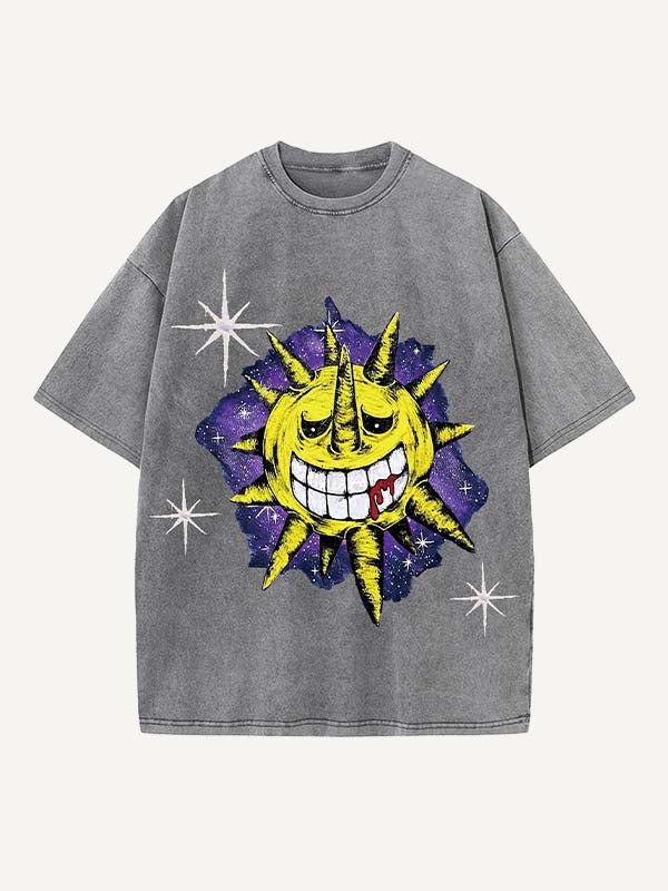 Distressed Washed Evil Sun&Moon&Cloud&Graphic Print Round Neck T-shirt