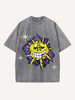 Distressed Washed Evil Sun&Moon&Cloud&Graphic Print Round Neck T-shirt