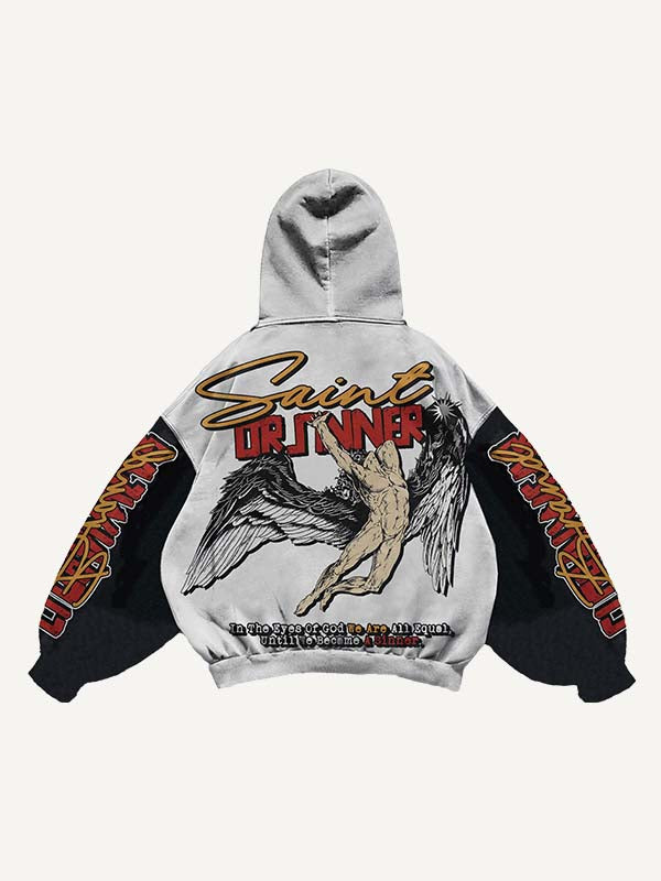 Colorblock Figure&Wing&Letter Print Slant Pockets Hoodie