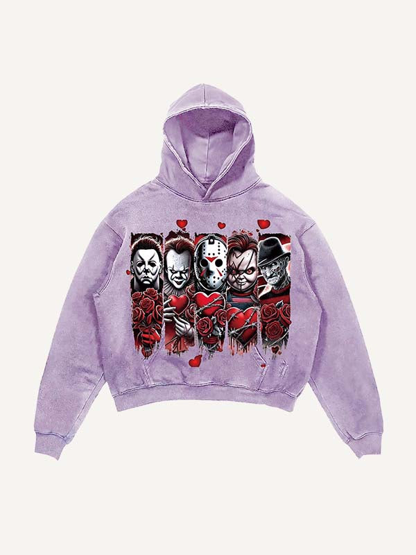 Distressed Washed Christmas Horror Print Slant Pockets Hoodie