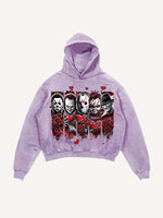 Distressed Washed Christmas Horror Print Slant Pockets Hoodie