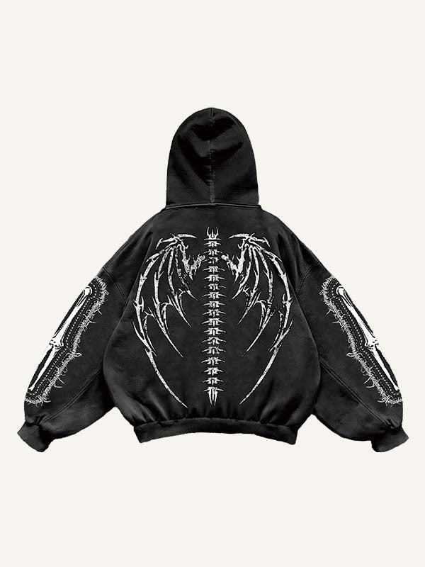 Skeleton&Heart&Wing Faux Decal Print Slant Pockets Hoodie