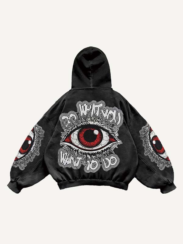 Figure&Eye&Letter Faux Decal Print Slant Pockets Hoodie