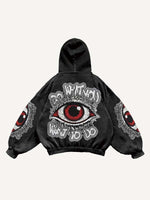 Figure&Eye&Letter Faux Decal Print Slant Pockets Hoodie