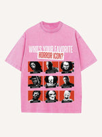 Distressed Washed Halloween Horror Print Round Neck T-shirt