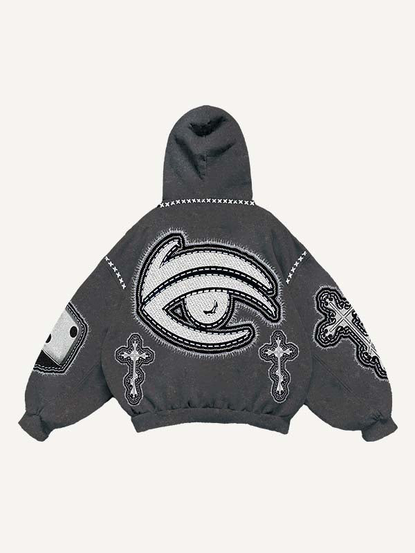 Eye&Cross&Dice&Star Faux Decal Print Slant Pockets Hoodie