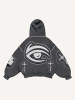 Eye&Cross&Dice&Star Faux Decal Print Slant Pockets Hoodie