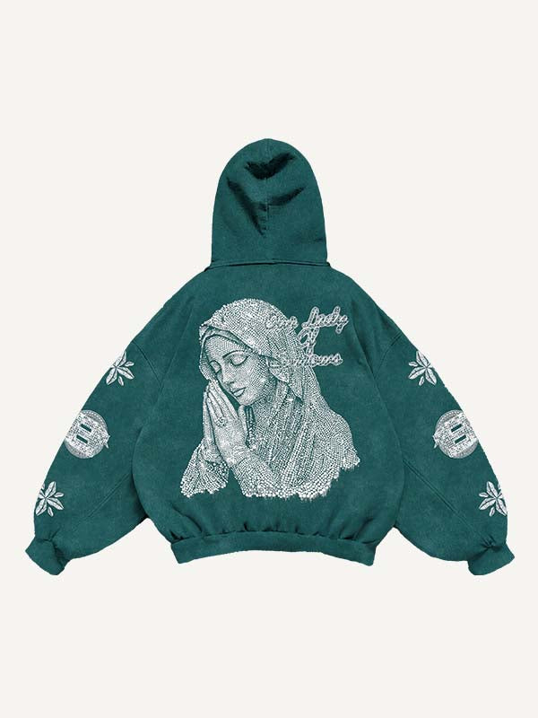 Mary&Letter Pray Faux Rhinestones Print Slant Pockets Hoodie