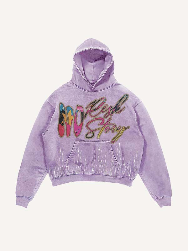 Distressed Washed Eye&Cross&Letter&Graphic Faux Rhinestones Print Slant Pockets Hoodie