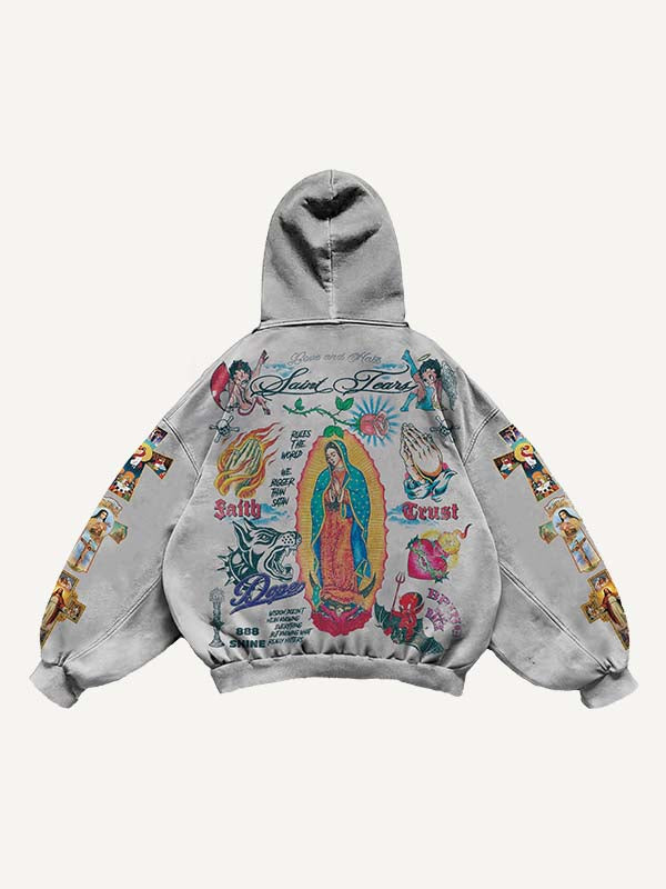 Cross&Figure&Pray&Graphic&Letter Print Slant Pockets Hoodie