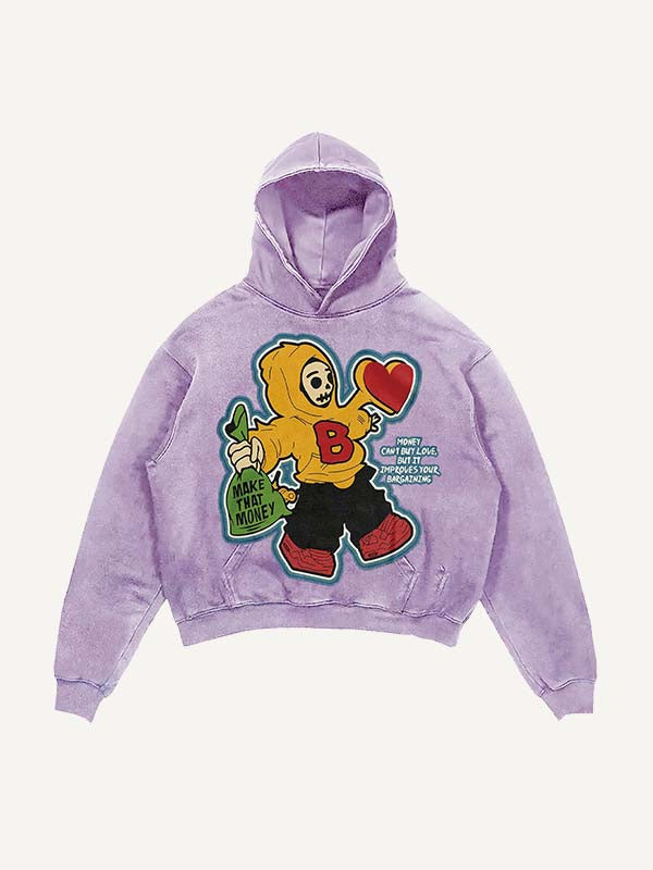 Distressed Washed Skull&Letter&Heart Graphic Print Slant Pockets Hoodie