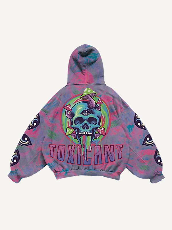 Skull&Mushroom&Eye&Letter Print Slant Pockets Hoodie