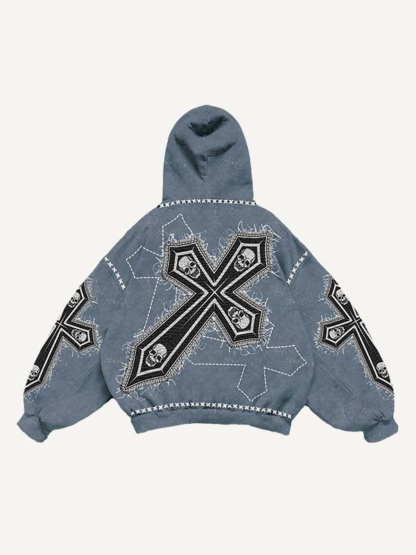 Skull&Letter&Cross Print Slant Pockets Hoodie