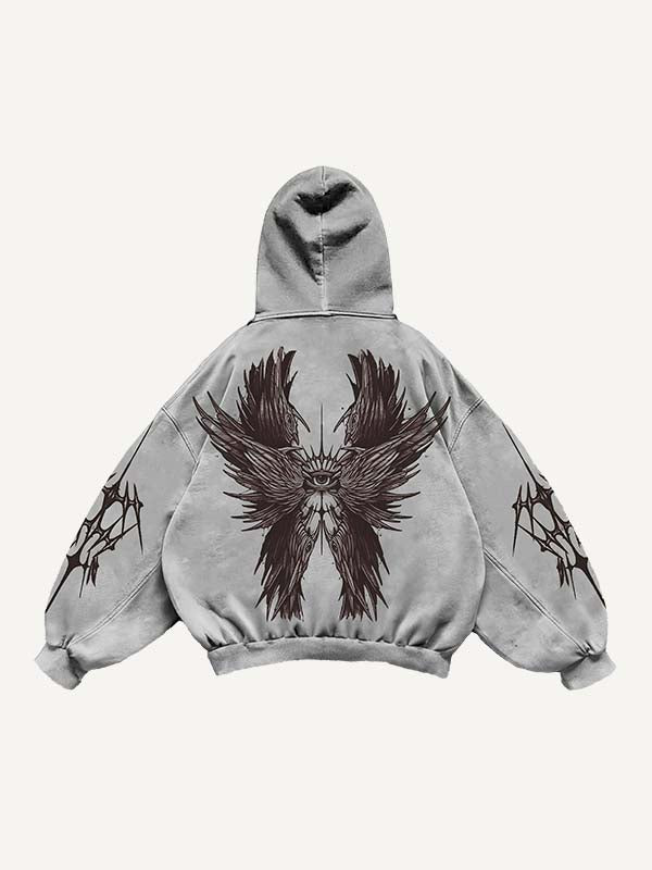 Wing&Eye Print Slant Pockets Hoodie