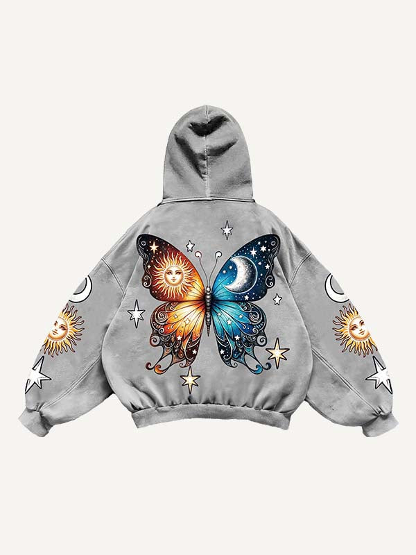 Butterfly&Sun&Moon&Graphic Print Slant Pockets Hoodie